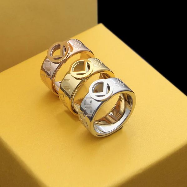 Europa America moda estilo mulher mulher titânio aço gravado f letra 18k ouro hollow out rings wide size US6-US9