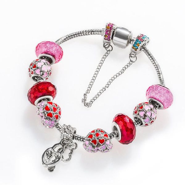 

link, chain 17-22 cm 925 fashion silver charms bracelet bangle for women crystal flower beads fit brand bracelets jewelry, Black