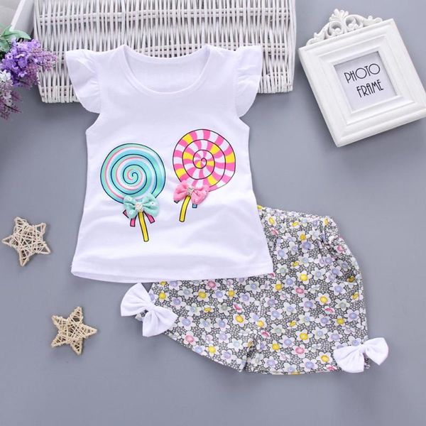 

clothing sets 2pcs baby girls outfits toddler kids lolly t-shirt short pants clothes set print bow lollipop pattern sweet cute, White