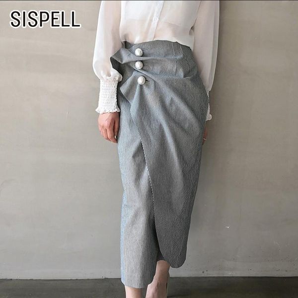 

skirts sispell striped for women high waist pearls button irregular slim bodycon women's female korean fashion clothes, Black