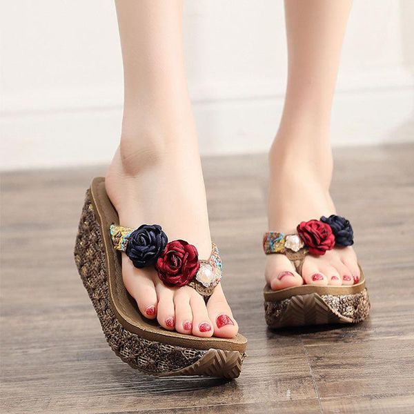 

high heel women wedge non-slip outdoor slipper summer beach shoes female floral flip-flop bohemian string bead lady sandals slippers, Black