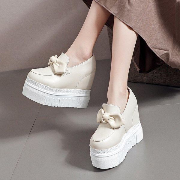 

women's vulcanize shoes platform sneakers 12cm wedge heel bowknot female casual 2021 spring summer chunky leather dress, Black