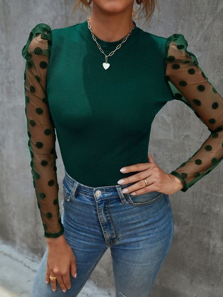 

contrast polka dot mesh puff sleeve h5pv#, White