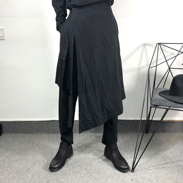 

tide brand personality fake two asymmetrical harem pants hair stylist trend cotton and linen casual men's, Black