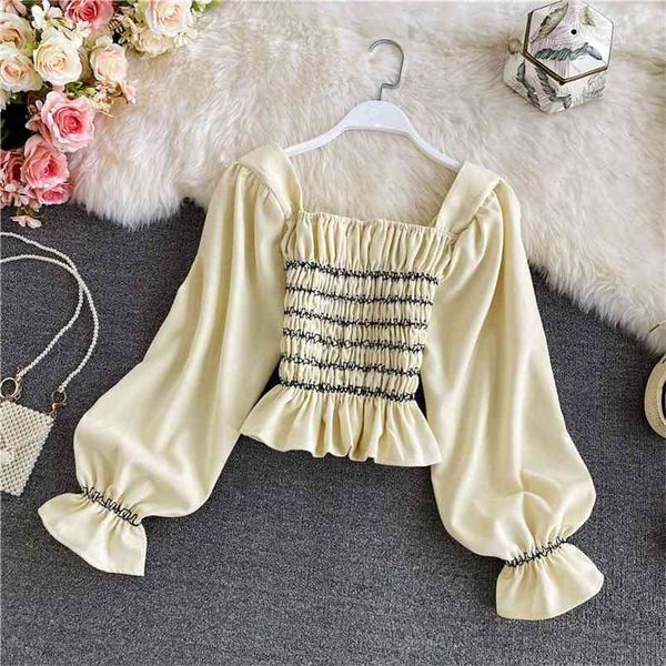 

spring autumn blouse korean french square collar lantern sleeve shirt women's slim waist ruffles hem female blusa uk958 210507, White