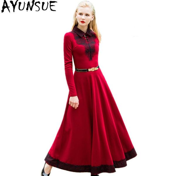 

casual dresses ayunsue 2021 autumn winter red long dress women elegant lace maxi evening party clothes plus size 3xl 4xl ss6541, Black;gray