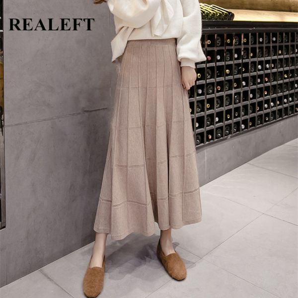 

autumn winter women's knitted skirt elegant elastic high waist a-line midi length ol style ladies female 210428, Black