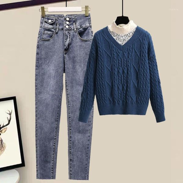 

women's tracksuits women 2021 spring autumn knitted pullovers 2 piece set female o-neck long sleeve sweater + ankle-length jenas pants, Gray