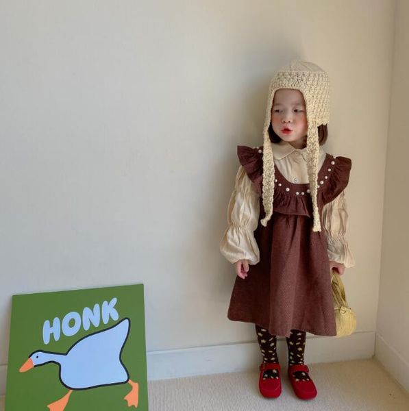 

clothing sets 2021 korea style girls 2 pcs set shirt+dress autumn cotton kids suit 3-8 years wu732, White