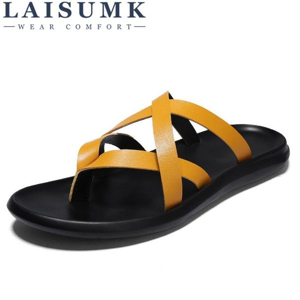 

slippers laisumk summer leather men's flip-flops fashion beach shoes size, Black