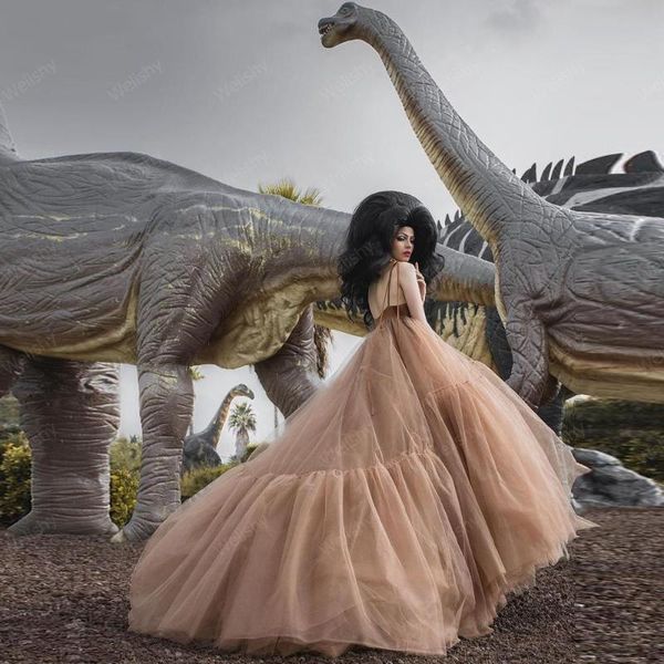 

casual dresses elegant puffy long tulle women 2021 spaghetti strap backless tutu dress with train prom evening gowns custom made, Black;gray