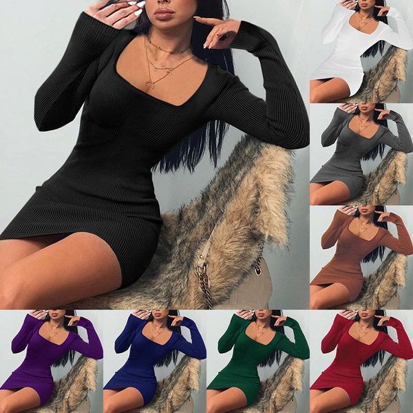 

casual dresses square neck long sleeve skinny mini dress basic women's summer black party club wear 2021, Black;gray