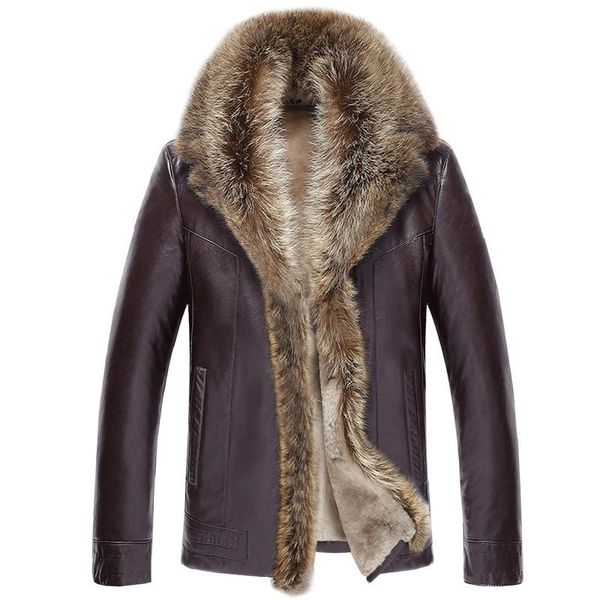 

men's leather & faux raccoon dog fur collar real genuine jacket men wool liner winter jackets and coats sheepskin coat zt5009, Black