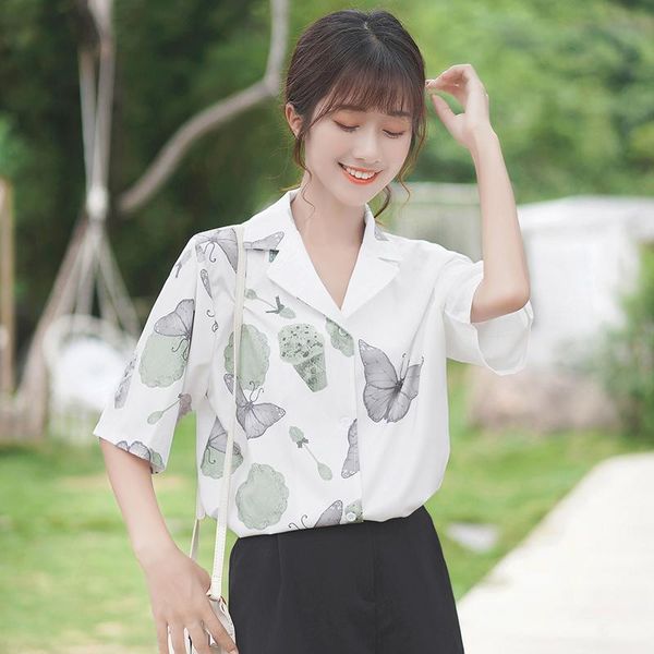 

women's t-shirt chic khaki summer design sense butterfly print shirt short sleeve kong style suit collar half, White