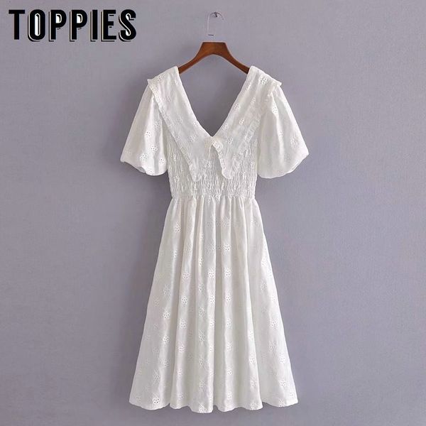 Toppies mulheres magro vestido branco oco out bordado vestidos mulheres vestidos de verão 210412