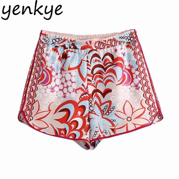 Vintage Totem Floral Print Shorts Frauen Elastische Hohe Taille Beiläufige Kurze Hosen Sommer pantalones cortos de mujer 210514