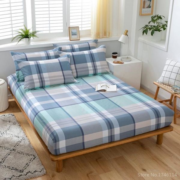 

1pc 100% cotton geometry stripe grid printed fitted sheet mattress cover with elastic band bed for children adults 3 size sheets & sets