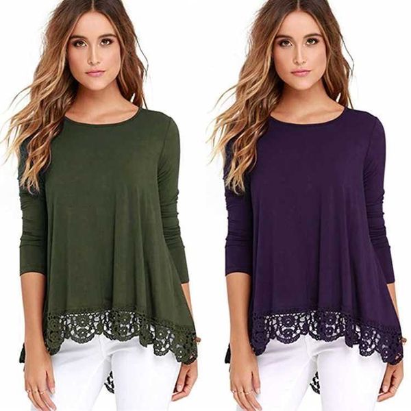 

solid autumn loose round neck long sleeve lace stitching women's t-shirt, White