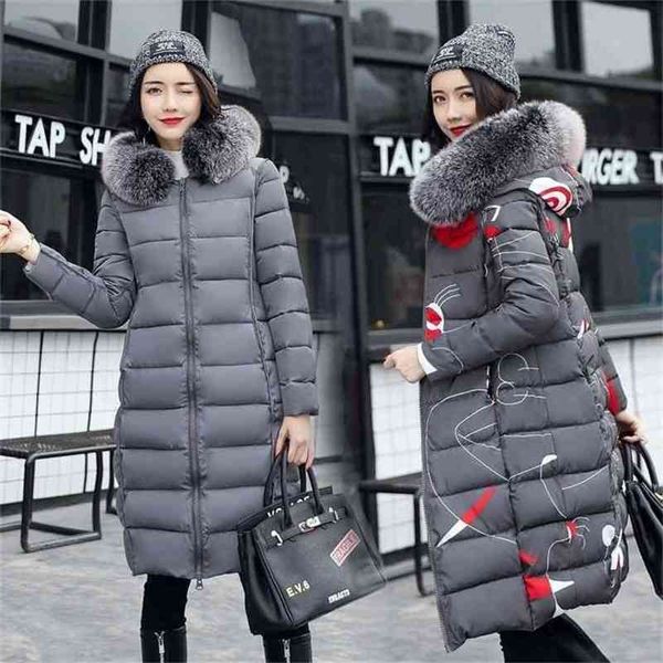 

double-sided wear parkas winter warm hooded slim long jackets thick parka korea fashion women casual print coat d240 210512, Black