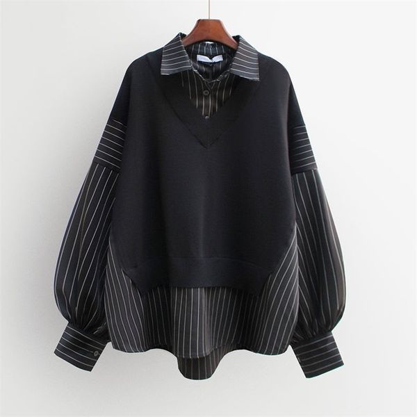 

autumn korea fashion women long sleeve loose shirts patchwork fake two piece stripe casual blouses big size m688 210512, White
