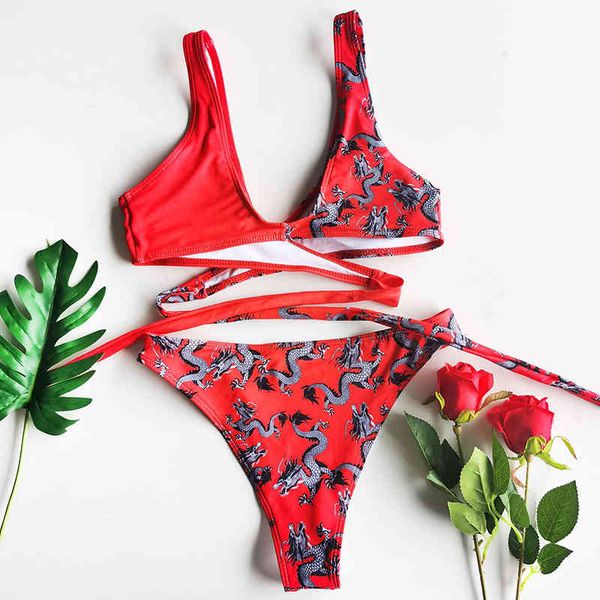 

new dragon print wrap around splicing 2021 women swimsuit female swimwear two-pieces bikini set bather bathing suit swiming