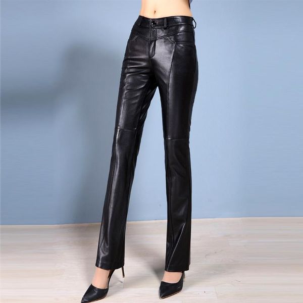 

women's pants & capris 2021 leather women spring and autumn genuine sheepskin full length boot-cut ladies cool slim long, Black;white