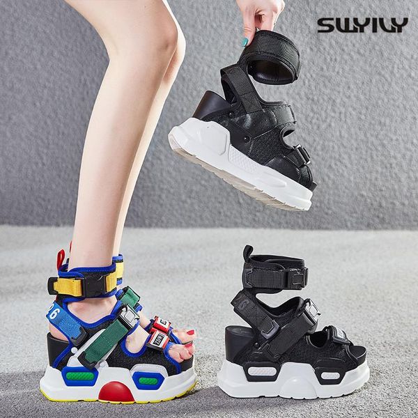 

chunky sandals women fashion summer shoes bucket platform 2021 female high heels colorful beach, Black