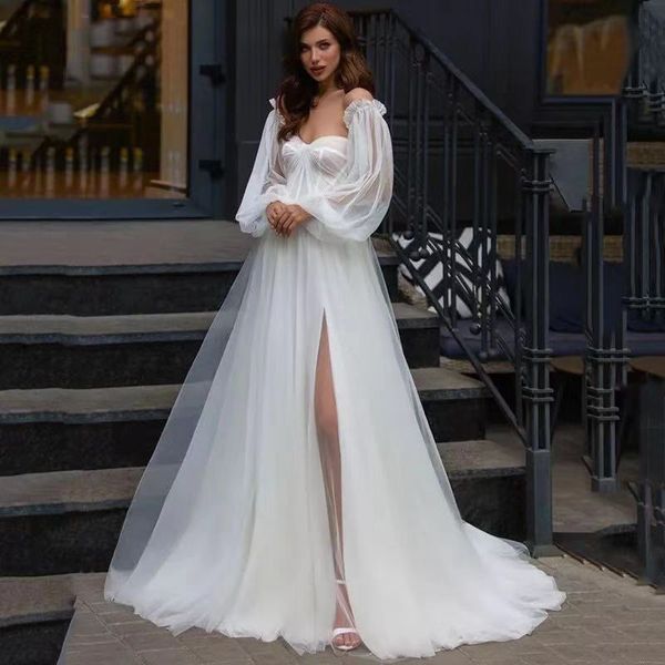 

wedding dresses side split boho vestido de noiva with detachable puff sleeves beach a-line wedding gowns sweetheart bride dress, White