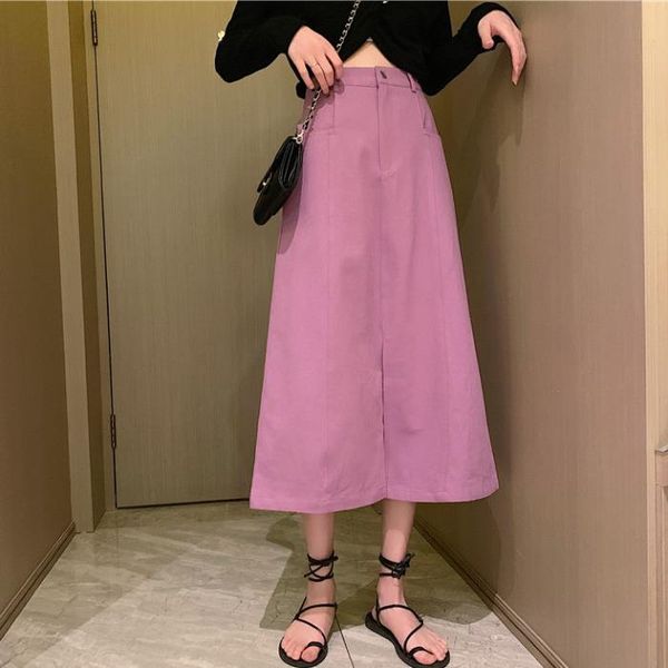 

skirts 2021 vintage women purple a-line skirt long elastic waist boho beige maxi with front split faldas saia, Black