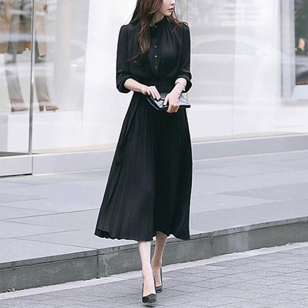 

dress long sleeve style solid sweet simple elegant pleated students womens slim daily streetwear high waist #t1g casual dresses, Black;gray