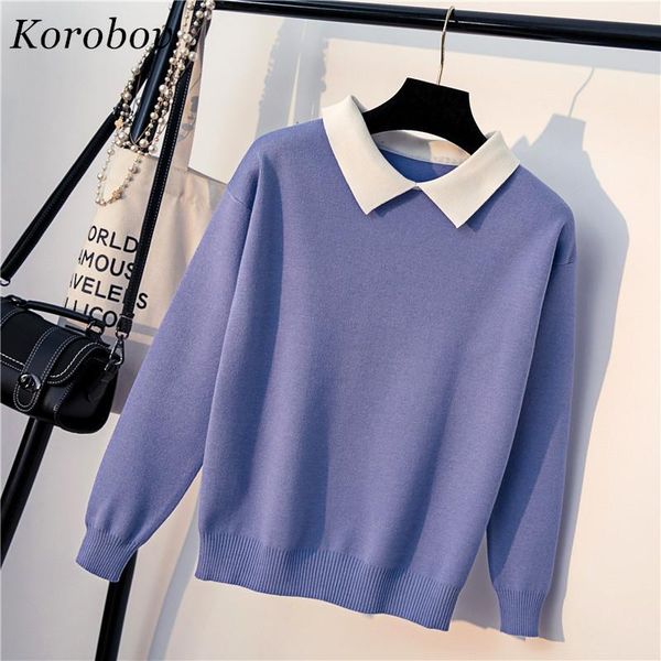 

women's sweaters korobov 2021 fashion pullovers auttum korean vintage sweater slim casual bottom turn-down collor knitwear mujer 75924, White;black