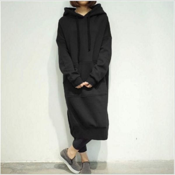 

women's hoodies & sweatshirts women 2021 winter autumn casual loose long sweatshirt oversize full sleeve fleece split hooded dress vest, Black