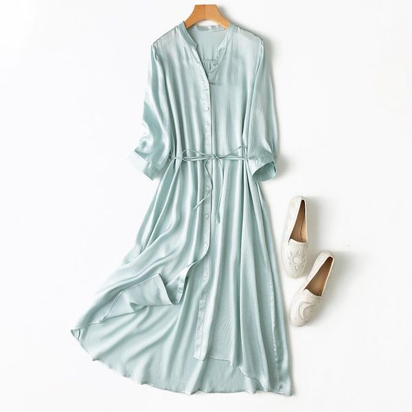 

casual dresses shuchan birthday dress for women silk spandex office lady a-line v-neck mid-calf vestiti donna estate in seta holiday, Black;gray