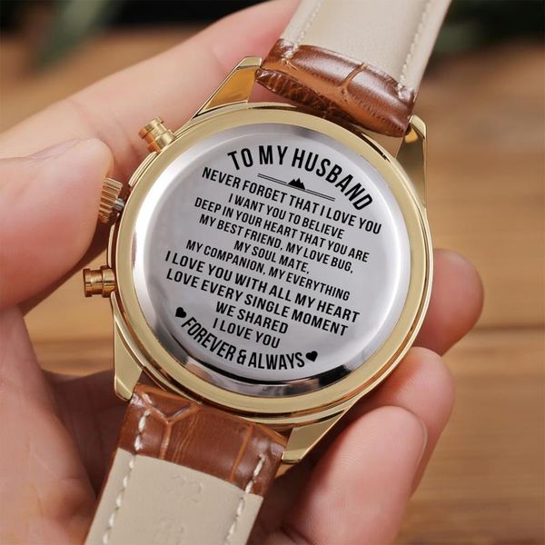 

wristwatches personality engraved to my husband watch clock male quartz kol saati present a s for men lovers souvenir, Slivery;brown