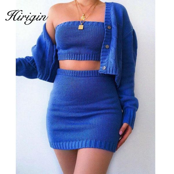 

two piece dress fall solid office lady outfits 3 sets women knitted cardigan sweater button crop mini skirt 2 set suit, White