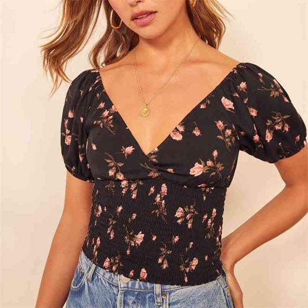 

summer women's shirt casual flower printing v-neck short sleeve 210430, White