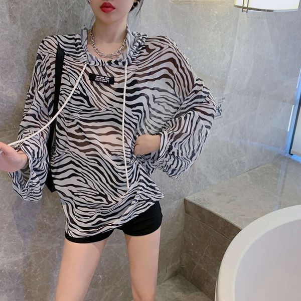

loose thin zebra blouse long sleeved hooded short coat women, Black;brown