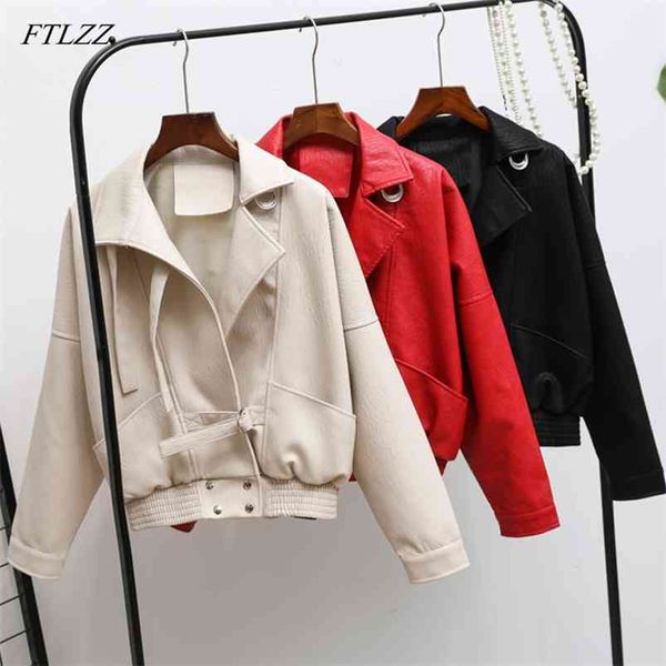 

women faux leather jacket vintage biker coat harajuk short motorcycle pu red street 210430, Black