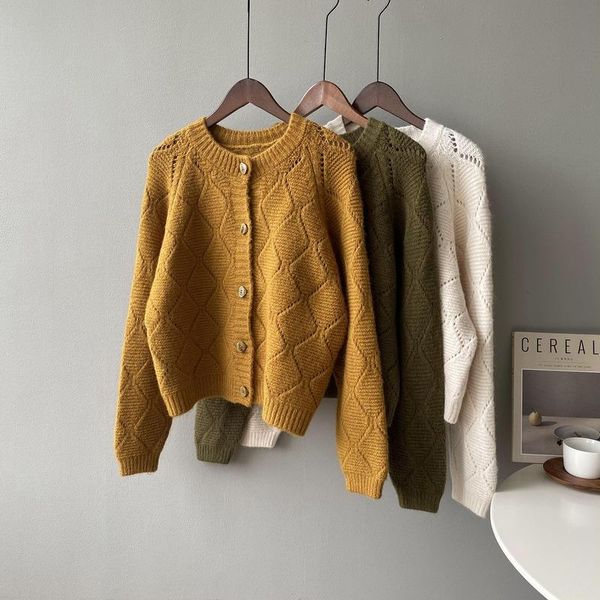 

women's knits & tees long sleeve sweater women fall2021 korean loose rhombic hollow cardigan oneck acrylic casual solid knitted spring/, White
