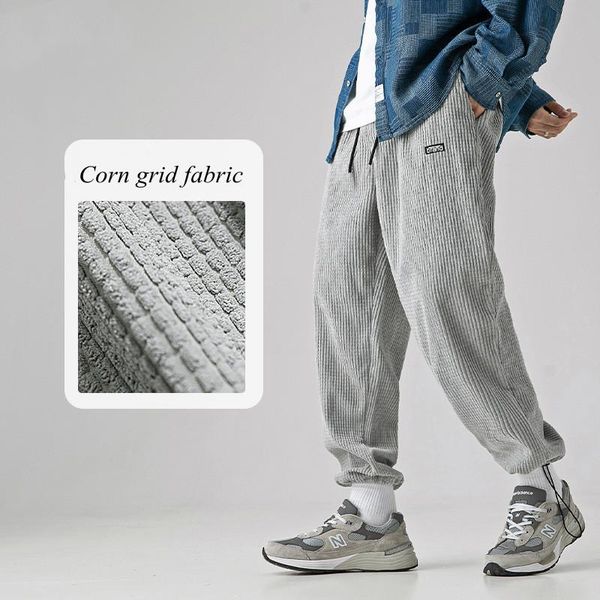 

men's pants 2021 autumn and winter fashion solid color corn lattice casual pants, drawstring at the foot, all-match sports, Black