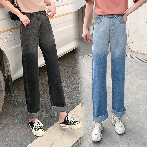 

women's jeans women casual high waist loose denim washed gradient streetwear vintage long wide leg pants female straight trousers, Blue