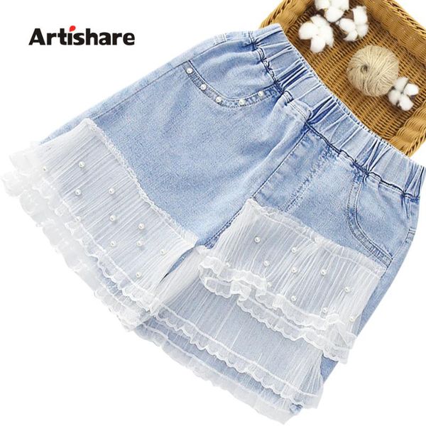 

summer jeans girl patchwork short child pearls trousers for children casual style children's clothing, Blue