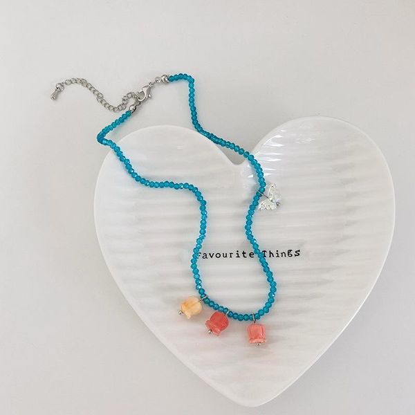 

pendant necklaces blue transparent beaded rose butterfly necklace simple sweet flower chain for women clavicle jewelry gifts, Silver