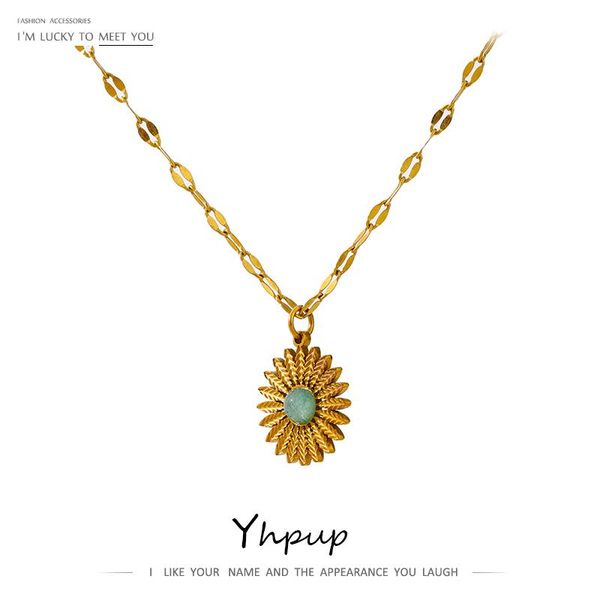 

pendant necklaces yhpup 316l stainless steel accessories trendy flower natural stone neckalce charm metal collar golden necklace gift 2021, Silver