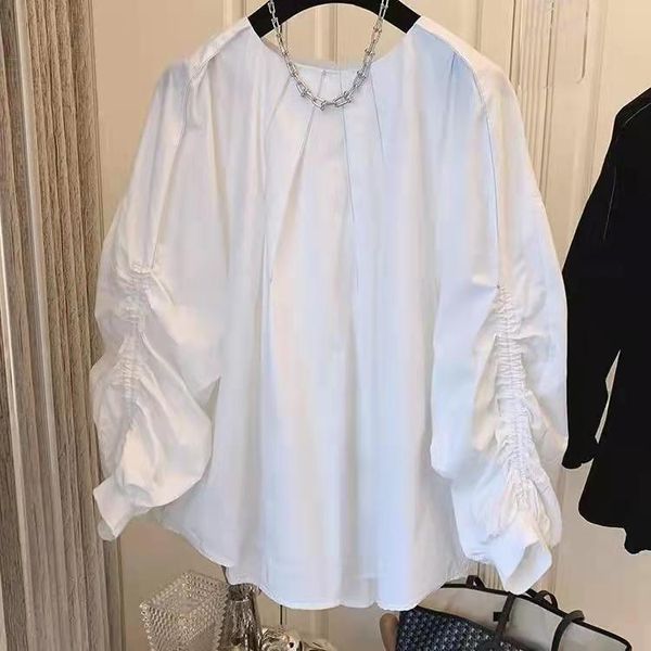 

women's blouses & shirts shirring puff sleeve women korean solid pullover blouse shirt autumn 2021 o-neck, White
