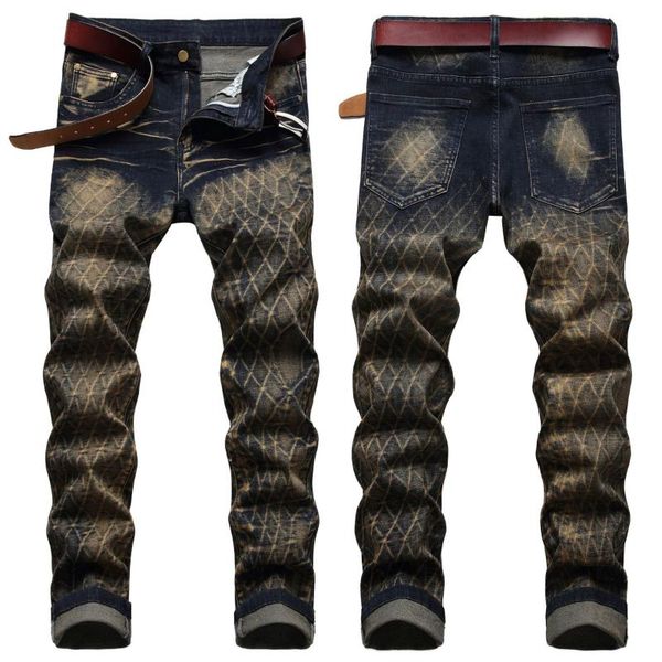 

european and american retro nostalgia trend slimming elastic small straight-barrel mesh type full-smear drag old color jeans men men's, Blue