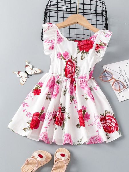 

toddler girls floral print butterfly sleeve dress she, Red;yellow