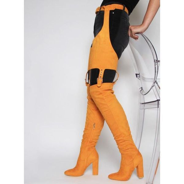 

special design suede pointed toe chunky heels over knee high boots with zipper decorate beauyy women elegant, Black
