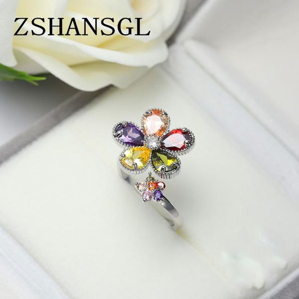 

wedding rings arrival flower shaped cut design opening 7 colors multicolor cz 925 sterling silver ring for women fashion jewelry, Slivery;golden