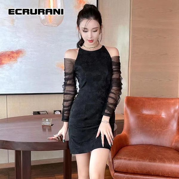 

casual dresses ecrurani form-fitting women's mini dress round neck long sleeve high waist black crinkle for female autumn 2021 styl, Black;gray